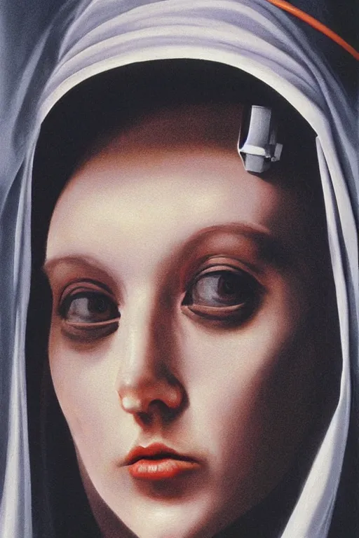 Prompt: hyperrealism oil painting, complete darkness background, close - up face portrait from up, caucasian nun fashion model looking up, in style of classicism mixed with 8 0 s sci - fi japanese books art