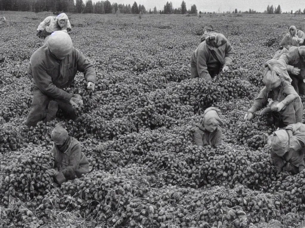 Image similar to potato harvesting in finnish farm, 1 9 6 6, home album pocket camera photo, detailed facial features, hyper realistic