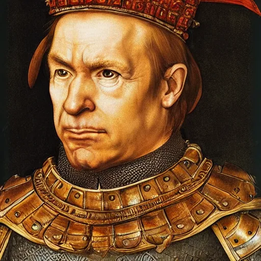 Image similar to donald trump wearing knights armor, donald trump holding a crazy broadsword, donald trump ’ s highly detailed face, by hans holbein