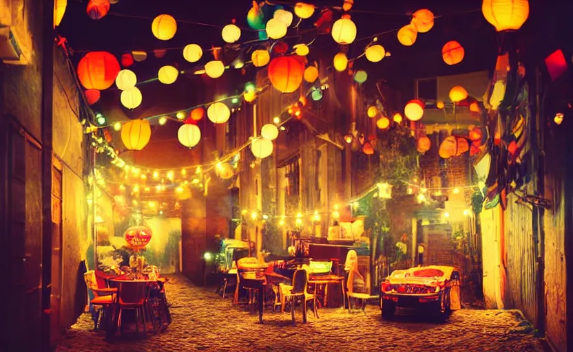 Image similar to mini cafe diorama macro photography, alleyway, ambient, colorful paper lanterns, atmospheric photograph, string lights, romantic