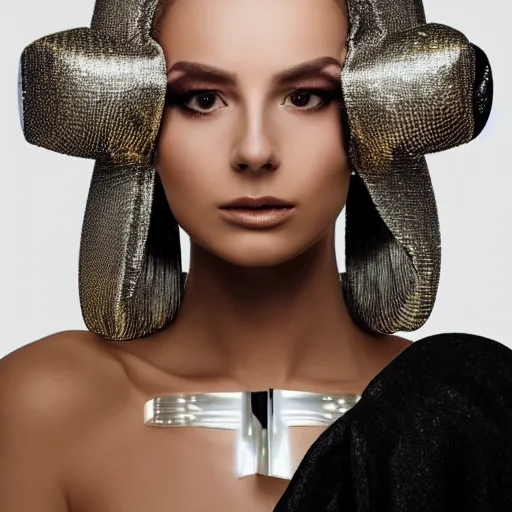 Prompt: portrait of a beautiful futuristic woman layered with high-tech jewelry wrapping around her face and head, silver-gold light