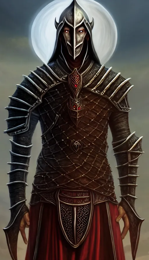 Image similar to hyperrealistic full body image of morrowind dunmer male nerevarine in front of balmora, red eyes, 3 / 4 portrait, symmetrical face, handsome face, full body dnd character portrait, medieval armor, morrowind armor, oblivion armor, skyrim armor, eso armor, intricate, highly detailed, elegant, 4 k, artstation, deviantart