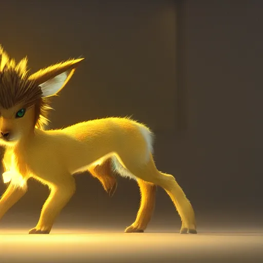 Image similar to photography of a realistic jolteon animal, ultra detailed, 8 k, cinematic lighting, natural background, trending on artstation, pokemon