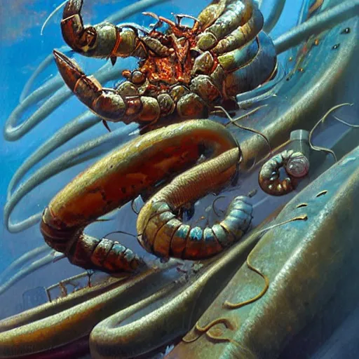 Prompt: nightmare destroyed, overturned by crustaceans made of yaw gravel m 1 a 2 sep tanks armored claws on mollusks panzers mucosal clustered in mollusk skin with chrome rugated rust noodles in primoridal slimes by boris vallejo, by francesco blanc, enric torres, by jack gaughan