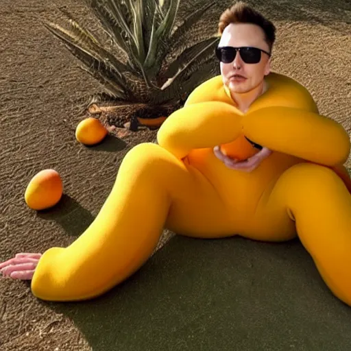 Image similar to photo of elon musk cosplaying as a mango fruit costume, highly detailed, extremely high quality, hd, 4 k, 8 k, professional photographer, 4 0 mp, lifelike, top - rated, award winning, cinematic, realistic, detailed lighting, detailed shadows, sharp, no blur, edited, corrected, trending