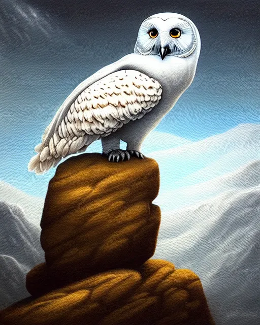 Prompt: an extremely detailed masterpiece surreal painting of a snow owl on a rock, in the style of brian froud, brian despain, brian bolland, digital art, unreal engine, volumetric lighting, dark moody lighting, post apocalyptic, 4 k