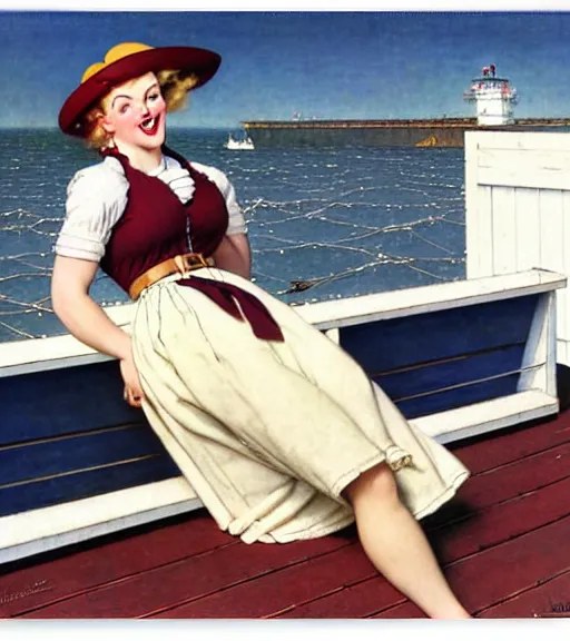 Image similar to a beautiful plump young lady holding a purse standing on a wharf at the edge of the sea by gil elvgren and william blake and norman rockwell, crisp details, hyperrealism, smiling, happy, feminine facial features, stylish navy blue heels, gold chain belt, cream colored blouse, maroon hat, windblown