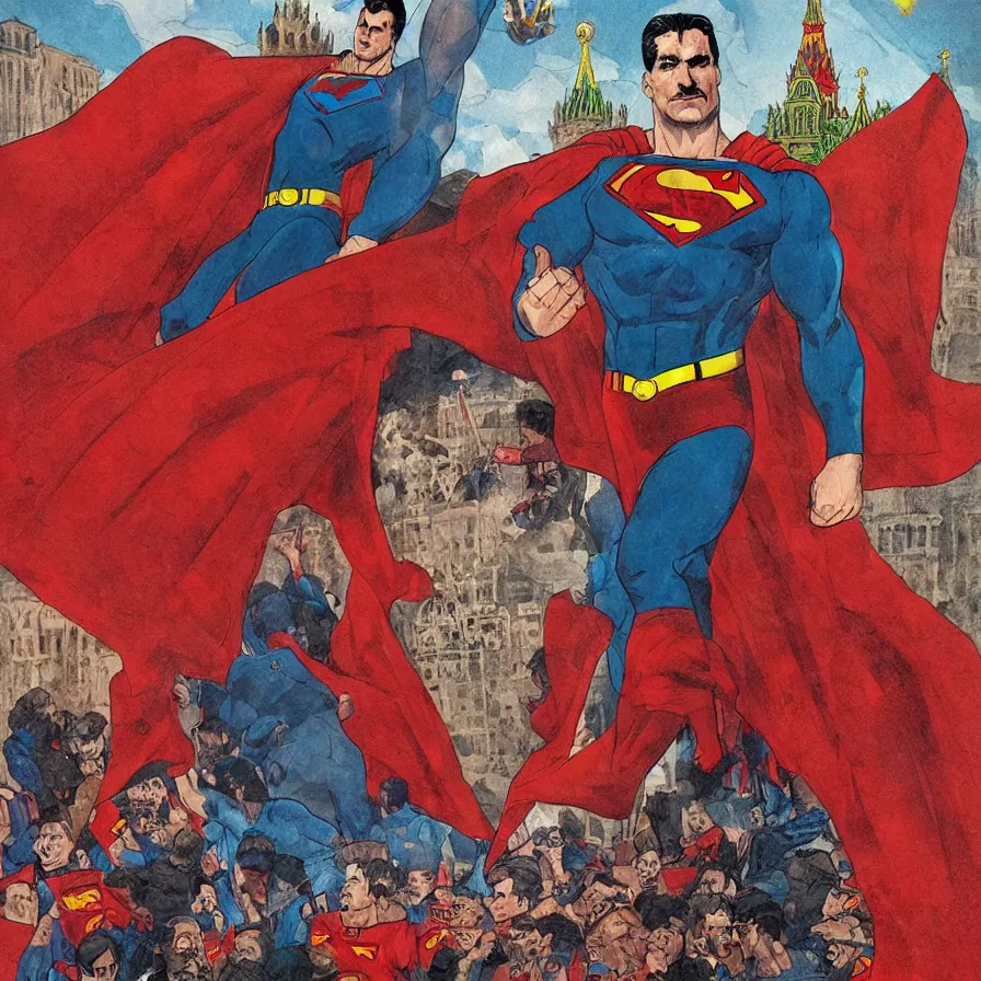 Image similar to epic comic book cover of stalin as superman floating over the red square ( moscow ), red banners, saved the day, socialist realism, aesthetically pleasing, finely detailed facial features, hyperrealist, intricate digital art, trending artstation, artgem, rich moody colors, fan art, concept art, in the style of the red son, by cory walker and ryan ottley