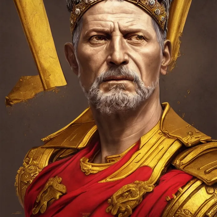 Image similar to excellent painted portrait of the last emperor of rome the ancient caesar invictus, high quality masterpiece painting with detailed face, 4k, trending on artstation, octane render, art by artgerm and greg rutkowski and alphonse mucha and craig mullins and James Jean and Andrei Riabovitchev and Marc Simonetti and peter mohrbacher