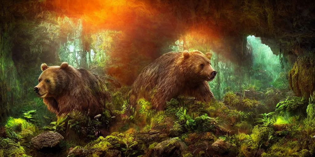 Image similar to magnificent mechanical steampunk bear looking eerily into a cave entrance with lush vegetation and mystical (((glowing algae))) in the sunset, light coming through from holes in the ceiling, desaturated, creepy ambiance, dangerous, sharp focus, highly detailed, artgerm