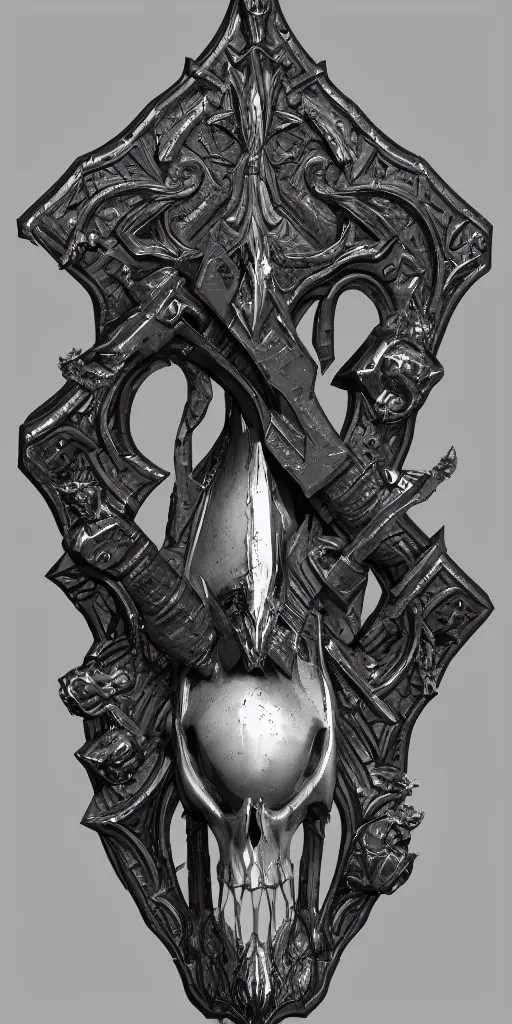 Image similar to a black and silver axe skull crest, ornament, weapon, a 3 d render by dom qwe, trending on polycount, artstation, hard surface modeling, zbrush, symmetry