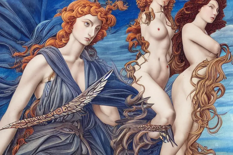 Image similar to flight of the valkyries, in a mixed style of Botticelli and Æon Flux, inspired by pre-raphaelite paintings and shoujo manga, moonlight, hyper detailed, stunning inking lines, stunning gradient colors, 4K photorealistic