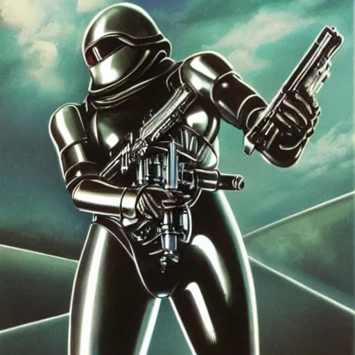 Image similar to 1 9 8 0's heavy metal album art, a shiny reflective detailed chrome android firing a giant rifle - style blaster rifle designed by ridley scott inside an alien spaceship