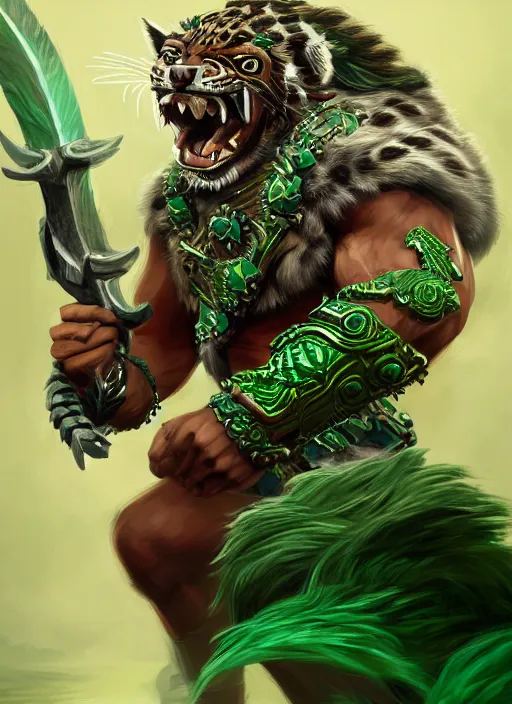 Image similar to a highly detailed illustration of fierce young aztec jaguar warrior boy wearing green jaguar mane, heroic roaring wielding aztec sword pose, muscular, intricate, elegant, highly detailed, centered, digital painting, artstation, concept art, smooth, sharp focus, league of legends concept art, wlop