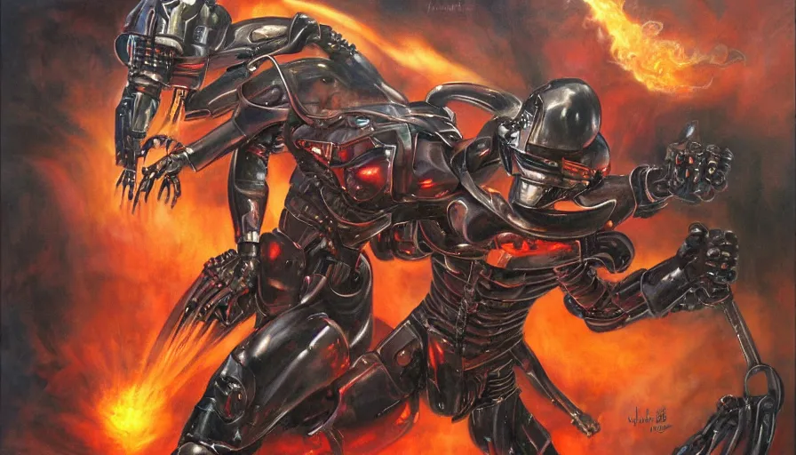 Image similar to robocop fighting demons in hell by julie bell