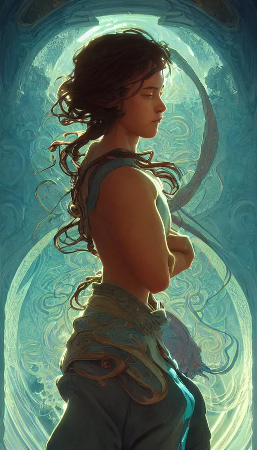 Image similar to earthsea, neon, fibonacci, sweat drops, insane, intricate, highly detailed, digital painting, artstation, concept art, smooth, sharp focus, illustration, Unreal Engine 5, 8K, art by artgerm and greg rutkowski and alphonse mucha