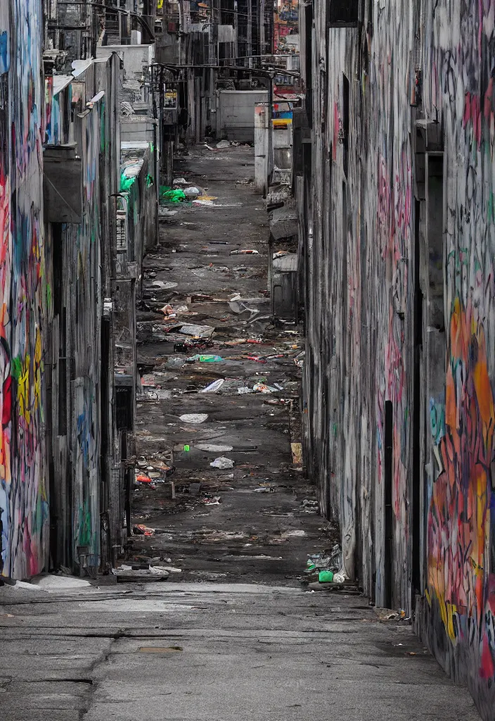 Prompt: looking down a claustrophobic urban alley with dumpsters graffiti and power lines in east vancouver, brutalism, hi res, unreal engine, 8 k, ultra - realistic, gritty, 1 0 0 mm