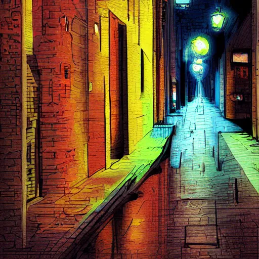 Prompt: Happiness in a dark city alley, digital art
