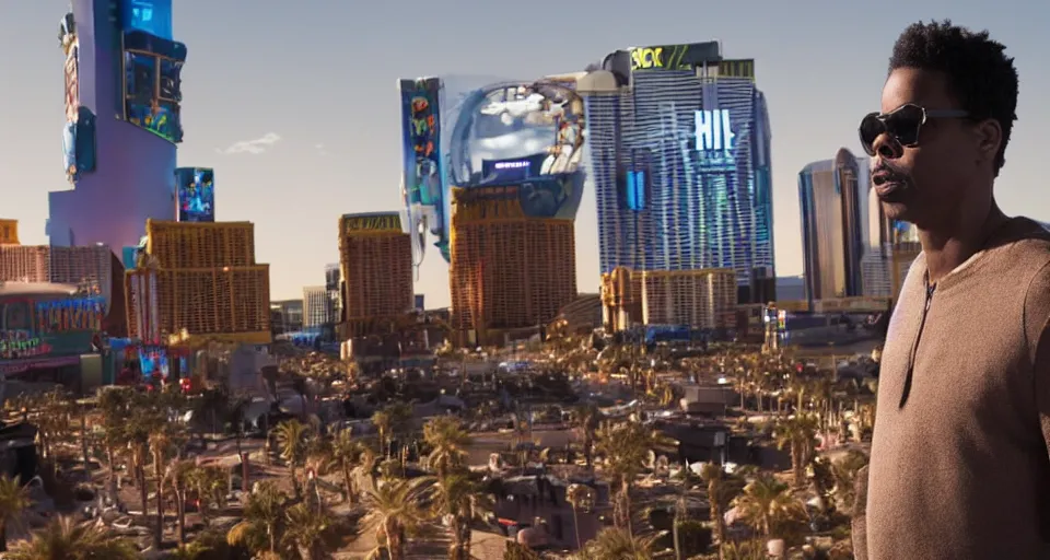 Prompt: first image afrofuturistic sci - fi movie starring chris rock, sundance official selection. shot on the las vegas strip with alexa mini, stunning cinematography, golden hour, filmgrain.