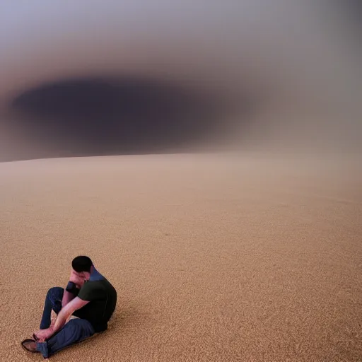 Image similar to man sitting on top peak mountain looking at huge vast sandstorm dust tornado desert