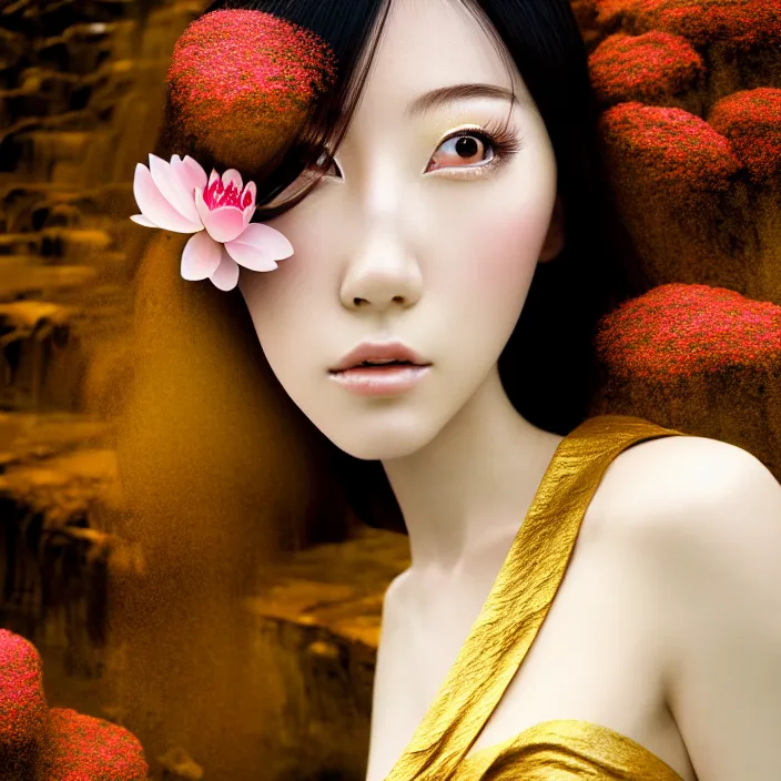 Image similar to Kodak Portra 400, 8K, soft light, volumetric lighting, highly detailed, Rena Nounen style 3/4 ,portrait photo of a Japanese ravishing Goddess by WLOP, the face emerges from a lava flowing gold travertine terraces with lotus flowers, inspired by Ophelia paint , a beautiful chic dress and hair are intricate with highly detailed realistic beautiful flowers , Realistic, Refined, Highly Detailed, ethereal lighting colors scheme, outdoor fine art photography, Hyper realistic, photo realistic