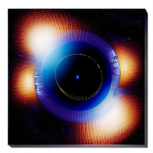 Image similar to a black hole at the center of a golden wireframe geometric structure, dyson sphere, deep blue and dark cyan nebula background, highly detailed artwork, acrylic painting