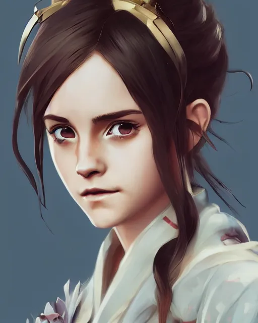 Image similar to An anime portrait of Emma Watson as a beautiful woman wearing a kimono from Skyrim, by Stanley Artgerm Lau, WLOP, Rossdraws, James Jean, Andrei Riabovitchev, Marc Simonetti, and Sakimichan, trending on artstation