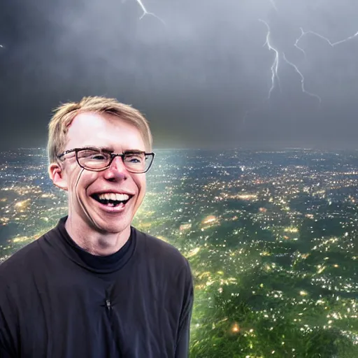 Prompt: John Carmack laughing while standing on the top of a wizard's tower in a thunderstorm. Realistic, 8k, dynamic lighting, ultrafine detail.