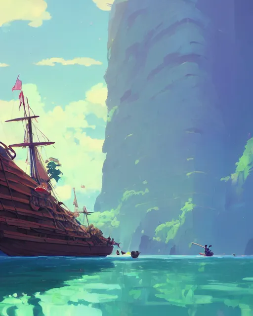 Prompt: a big pirate ship, lush vegetation, azure water, glowing light, cory loftis, james gilleard, atey ghailan, makoto shinkai, goro fujita, studio ghibli, rim light, exquisite lighting, clear focus, very coherent, plain background, soft painting