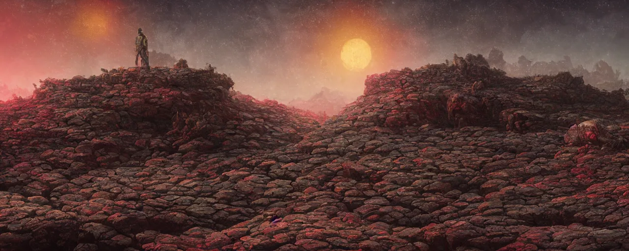 Image similar to ” barren rocky landscape at night, [ cinematic, detailed, epic, widescreen, opening, establishing, mattepainting, photorealistic, realistic textures, octane render, art by paul lehr ] ”