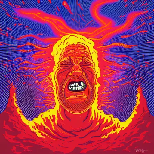 Image similar to portrait of head melting into another one, lava, laugh and surprise, by Dan Mumford