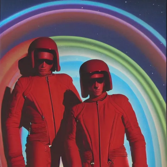 Prompt: two time pilots wearing red rick owens pilot suits inside the glowing geometric rainbow portal to the sixth dimension by frank frazetta