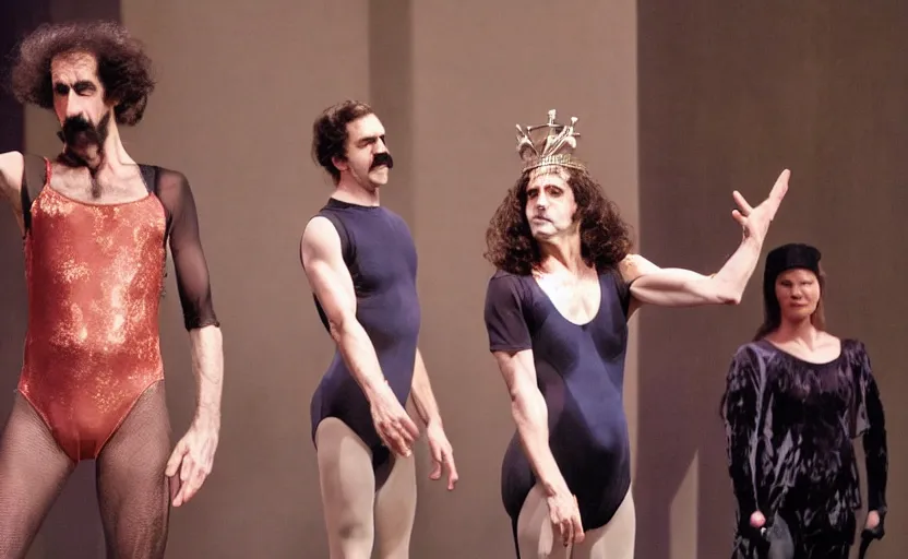 Image similar to Frank Zappa in a leotard and a crown performs the role of Richard III in award-winning modern dress production of Richard III in front of a live audience, action shot, yowza yowza yowza