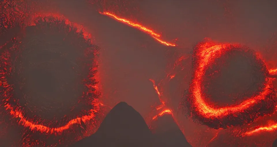 Prompt: a volcano made of ivory vines and crimson rocks enters in eruption, it spits a smoke in the shape of demonic eye, from NCSOFT