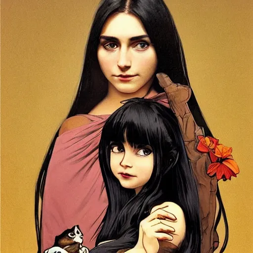 Image similar to cute emo martian woman, with long dark hair, thick eyebrows!!! dark eyes and dark circles!, wide nose!!!, big eyes, oval face shape, big cheeks!, she is holding a cat in her arms, by juan villafuerte, greg rutkowski and alphonse mucha, pexels contest winner, high quality photo, hd rtx