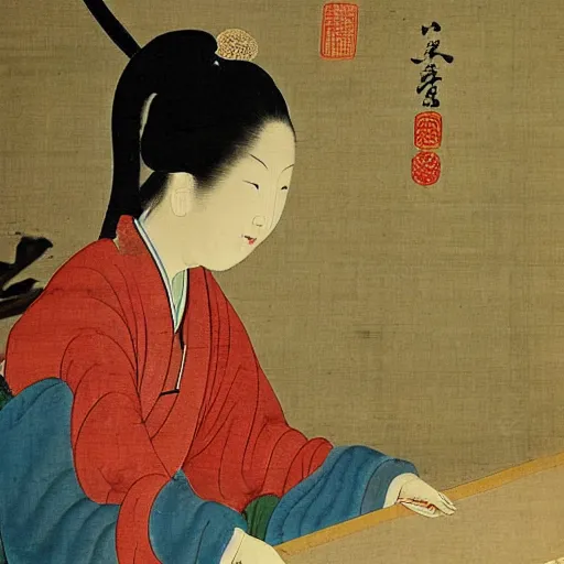 Prompt: the Chinese ancient painting of a lady working at a desktop in Tang Dynasty , by Han Xizai