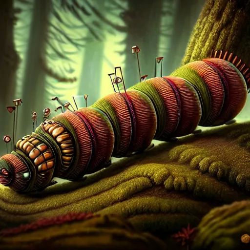 Image similar to Colour Caravaggio style photography of steampunk caterpillar in the forest, higly detailed caterpillar designed by Josan Gonzalez, many details, In style of Josan Gonzalez and Mike Winkelmann andgreg rutkowski and alphonse muchaand Caspar David Friedrich and Stephen Hickman and James Gurney and Hiromasa Ogura. Rendered in Blender, volumetric natural light