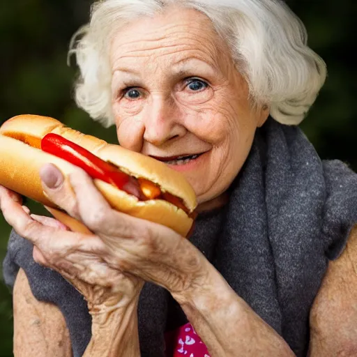 Image similar to old woman and her priceless hot dog, promotional photo from the antiques roadshow, uhd, 8k,