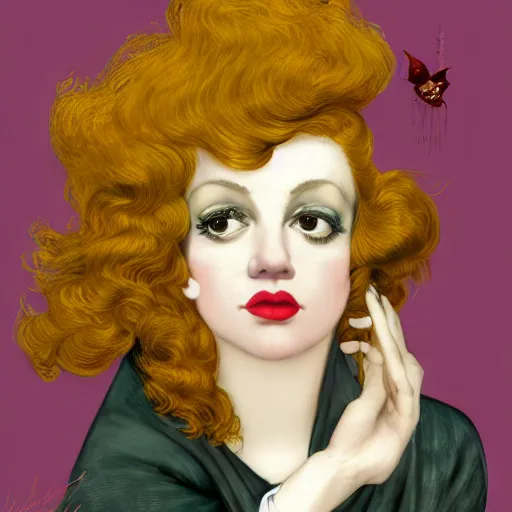 Image similar to hybrid of judy garland and lady gaga, brown fringe, large beautiful facial features, huge downslanted eyes, big cheeks, large full lips, full body medium shot, reclining bed cool stylish, yellow ochre ornate medieval dress, john william waterhouse, kilian eng, rosetti, john everett millais, william holman hunt, william morris, 4 k