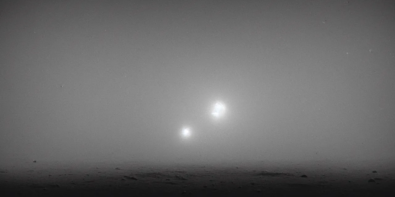 Image similar to view from the surface of the moon, cinematic film still, film grain, looking up at tall white space, glowing landing lights on spaceship, stars and space in the background, fog and dust, full frame photography