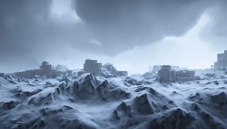 Image similar to brutalist grey fortress in edge of artic mountains snow hills in the distance, volumetric light, storm, hyperdetailed, artstation, cgsociety, 8 k