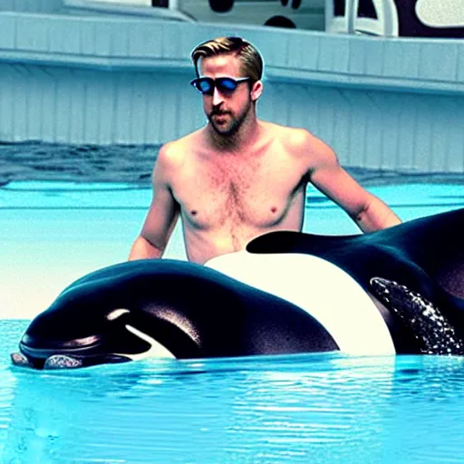 Prompt: ryan gosling in swimming trunks and cyberpunk style goggles rides a killer whale in a vulcan lake