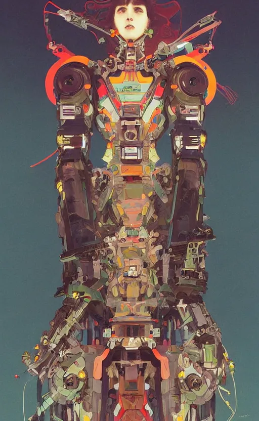 Prompt: upper half portrait of colourful army mecha robot in front of black background, art by hsiao - ron cheng & alphonse mucha, highly detailed, digital painting, concept art, illustration, smooth sharp focus, intricate, symmetry, black backdrop, artstation,