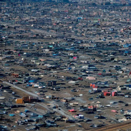 Image similar to vast panoramic view from building height of a landscape full of junkyards, garbage heaps and recycled electronic gear all covered in a thin layer of transparent strawberry jelly