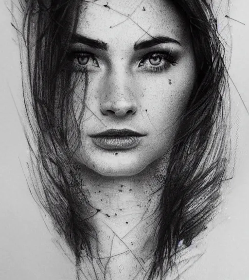 Image similar to tattoo design sketch of an extremely beautiful woman face and a faded background of beautiful mountains on her side, hyper - realistic, double exposure effect, in the style of matteo pasqualin, amazing detail, black and white, faded