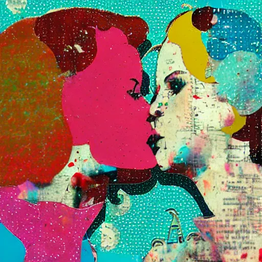 Image similar to two women kissing at a carnival, mixed media collage, retro, paper collage, magazine collage, acrylic paint splatters, double exposure,