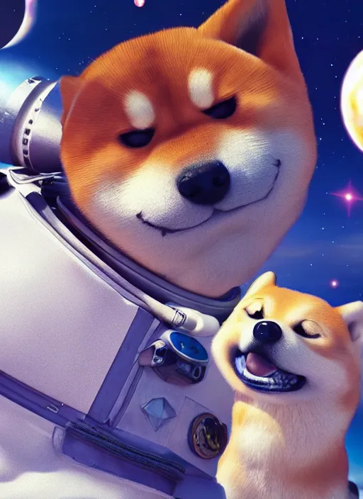 Prompt: a fantasy character with a cute shiba inu head and an astronaut body ， cinematic ， unreal 5 ， photography ， 5 5 mm ， aperture f 1. 4