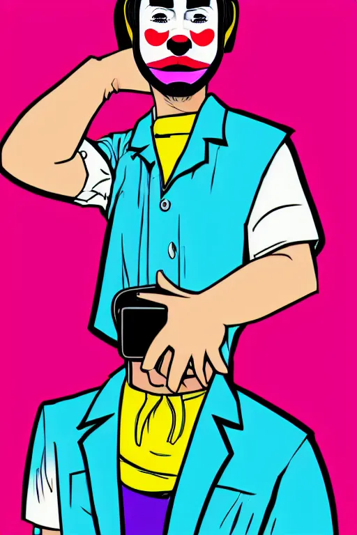 Image similar to display twitter guy wearing an blouses with clown mask. pop art, gta vice city art style, digital art, arstation art, pixel art, face and body features details, ultra realistic details, concept art, casual art, sharp focus, illustration, intecrate details, elegant, confident posse, art by mark millar and richard hamilton and mimmo rottela