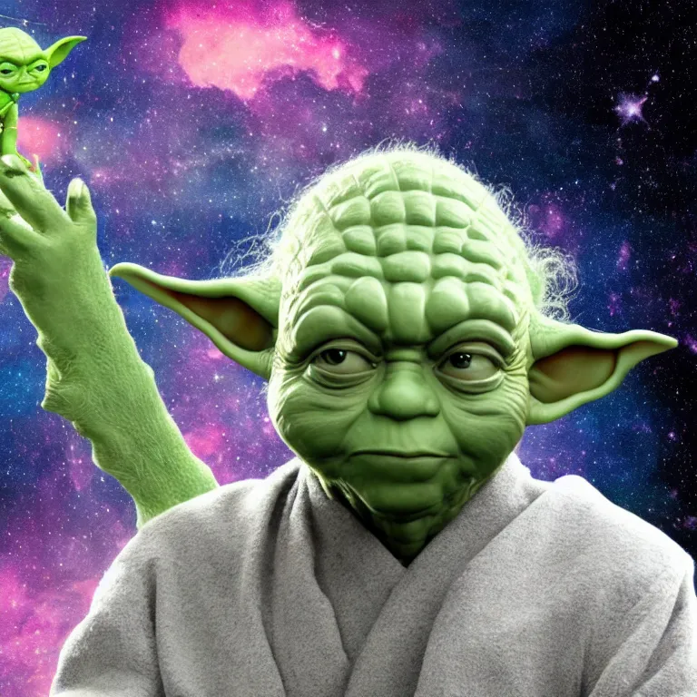 Prompt: a george costanza and yoda hybrid from star wars, high quality portrait photoshoot, bokeh, studio lighting, high fashion photoshoot, nebula space background, 8 k