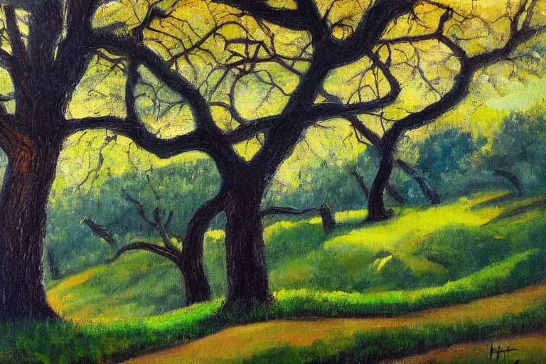 Image similar to masterpiece painting of oak trees on a hillside overlooking a creek, dramatic lighting, by tom hammick